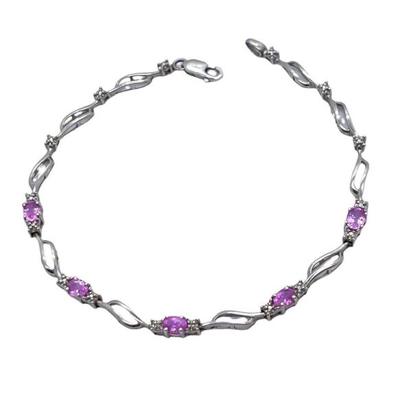 10k White Gold & Pink Sapphire Bracelet with Diamond Illusions 7”